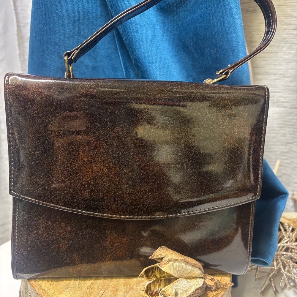 Vintage Elegant Brown Patent Leather Handbag